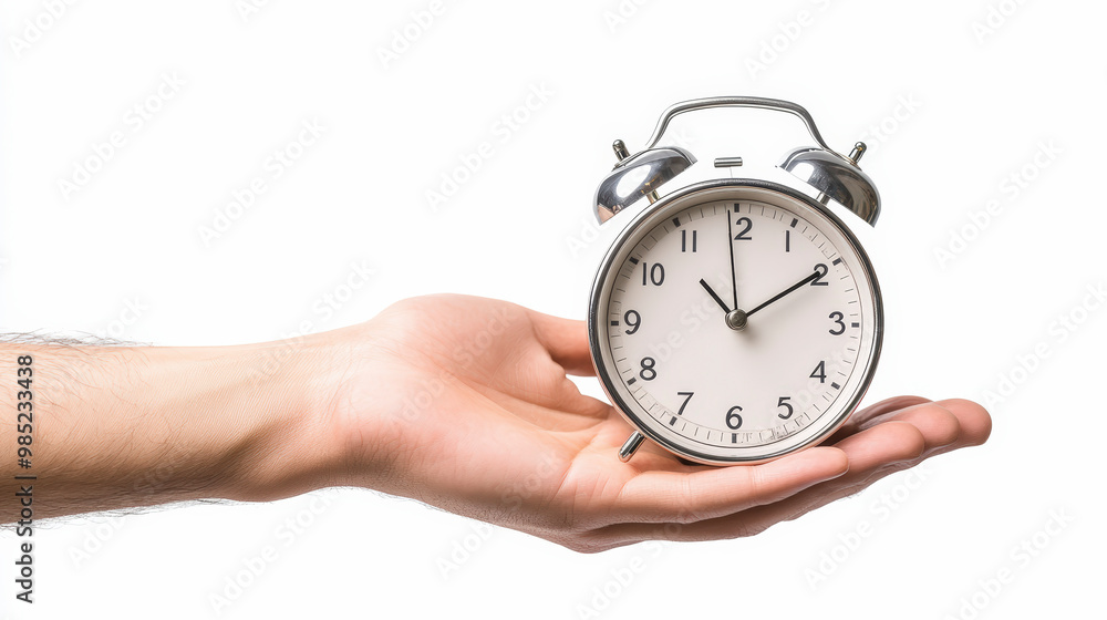 A hand is holding a classic twin-bell alarm clock displaying the time of 10:10 against a plain white background. A hand is holding a classic twin-bell alarm clock displaying the time of 10:10 against a plain white background.