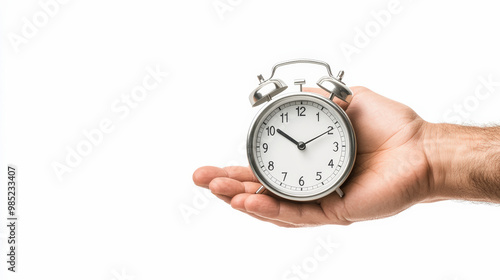 A hand holds a silver analog alarm clock, showing the time as 10:10, against a plain white background.