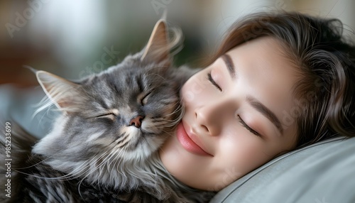 Close up of gentle young asian woman hugging cute grey persian cat.