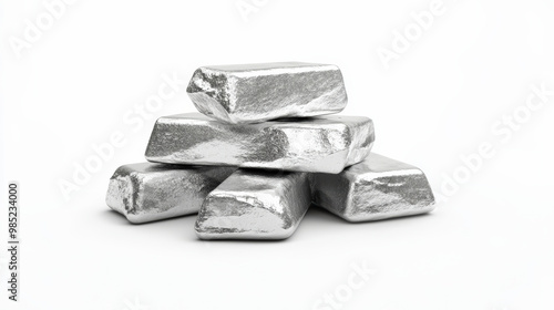 A stack of shiny silver bars arranged against a plain white background, gleaming under bright light.