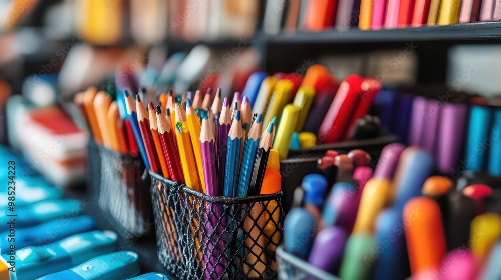 School supplies neatly arranged on a desk, organized style, close-up, bright lighting, vibrant colors School supplies neatly arranged on a desk, organized style, close-up, bright lighting, vibrant colors