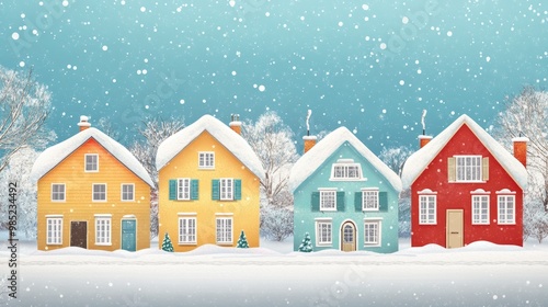 Snowy winter wonderland with colorful houses.