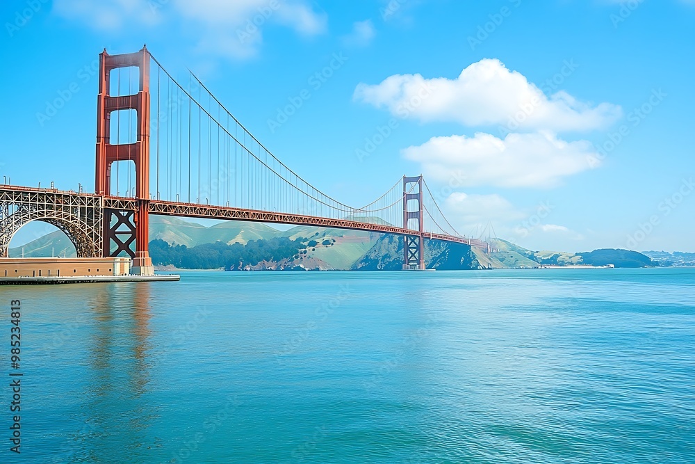 Iconic Golden Gate Bridge in San Francisco with clear blue sky and water Iconic Golden Gate Bridge in San Francisco with clear blue sky and water
