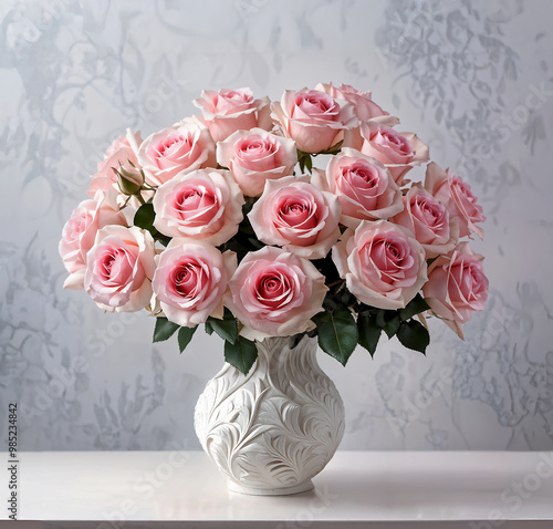 Bouquet of pink roses in a white carved vase