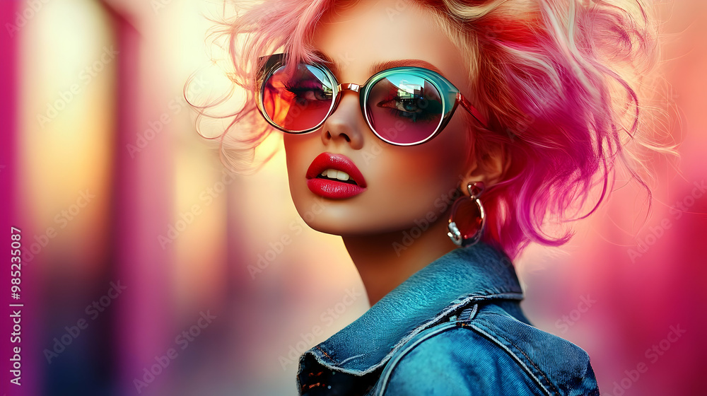 Pink Hair, Sunglasses, and Denim Jacket Fashion Illustration Pink Hair, Sunglasses, and Denim Jacket Fashion Illustration