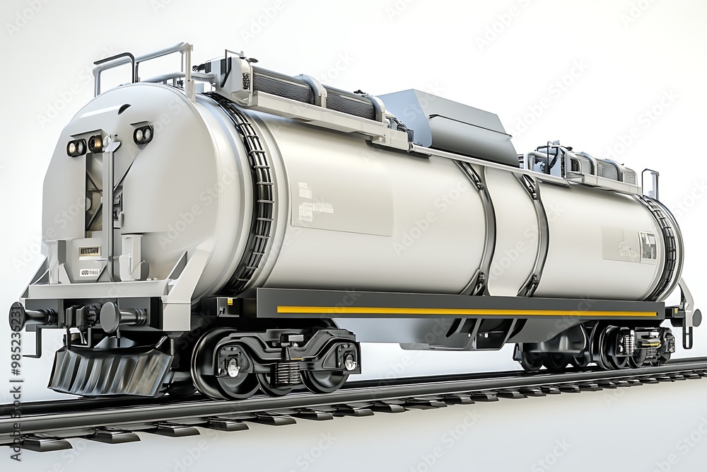 Silver Tanker Train Car on Tracks Silver Tanker Train Car on Tracks