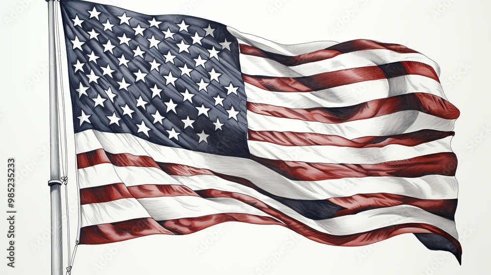 An American Flag Waving in the Wind with a White Background An American Flag Waving in the Wind with a White Background