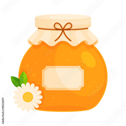 Jar of honey with chamomile flower, string bow, and blank label with copy space. Flat vector illustration isolated on white background. Beekeeping, natural remedy concept. Perfect for packaging design