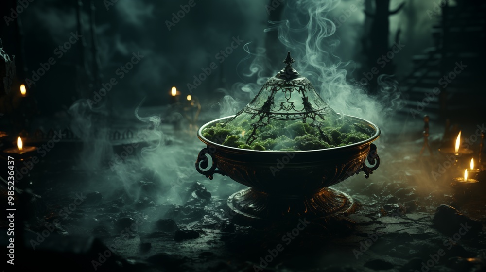 Witch cauldron in a dark room green smoke. Witch cauldron in a dark room green smoke.