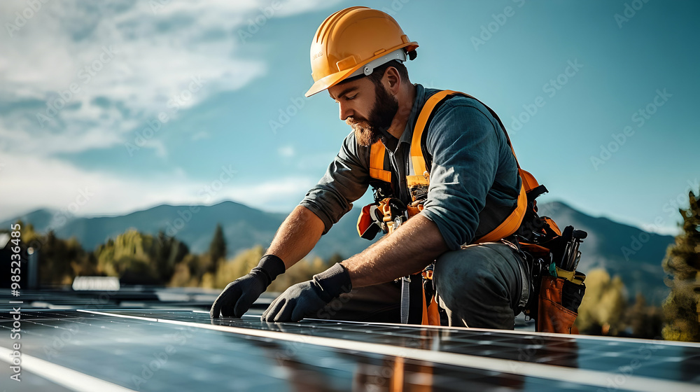 Solar Panel Installation - Worker Inspecting Panels on Roof Solar Panel Installation - Worker Inspecting Panels on Roof