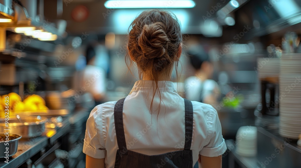 Chef working in a busy restaurant kitchen from behind Chef working in a busy restaurant kitchen from behind