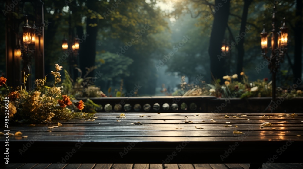 Wooden table on the background of the evening foggy park Wooden table on the background of the evening foggy park