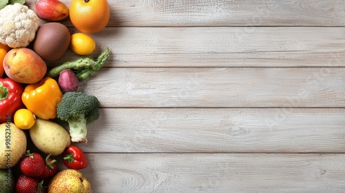 Fresh Fruits and Vegetables Arranged Neatly on a Wooden Surface in Daylight