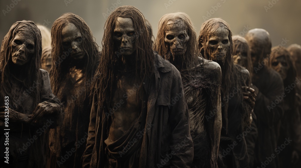 Naklejka premium Zombie apocalypse. crowd of zombies with ripped clothes isolated on transparent background, Halloween undead