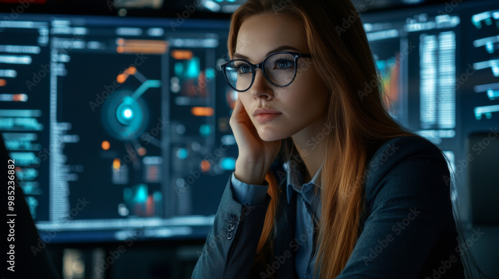Data Analyst Contemplation: A woman with long red hair wearing glasses is focused on a computer monitor displaying data and graphs. The image captures a moment of intense analysis and concentration. Data Analyst Contemplation: A woman with long red hair wearing glasses is focused on a computer monitor displaying data and graphs. The image captures a moment of intense analysis and concentration.