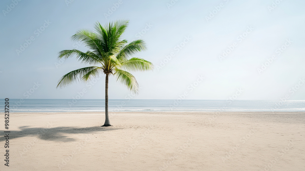 A solitary palm tree stands on a serene, sandy beach, overlooking the calm ocean under a clear blue sky, creating a peaceful and tranquil scene. A solitary palm tree stands on a serene, sandy beach, overlooking the calm ocean under a clear blue sky, creating a peaceful and tranquil scene.