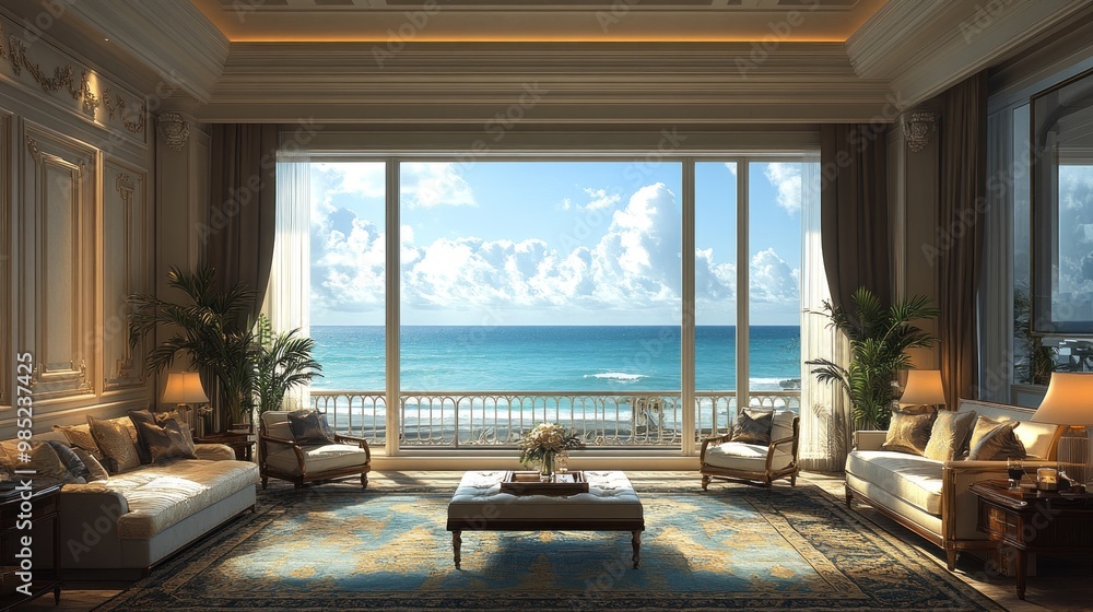 Elegant living room with ocean view and bright natural light. Elegant living room with ocean view and bright natural light.