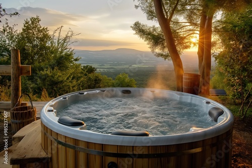 Wooden hot tub in scenic valley with evening sunlight. Steam rises from warm water, relaxing atmosphere. Peaceful setting for leisure and healthy spa experience.