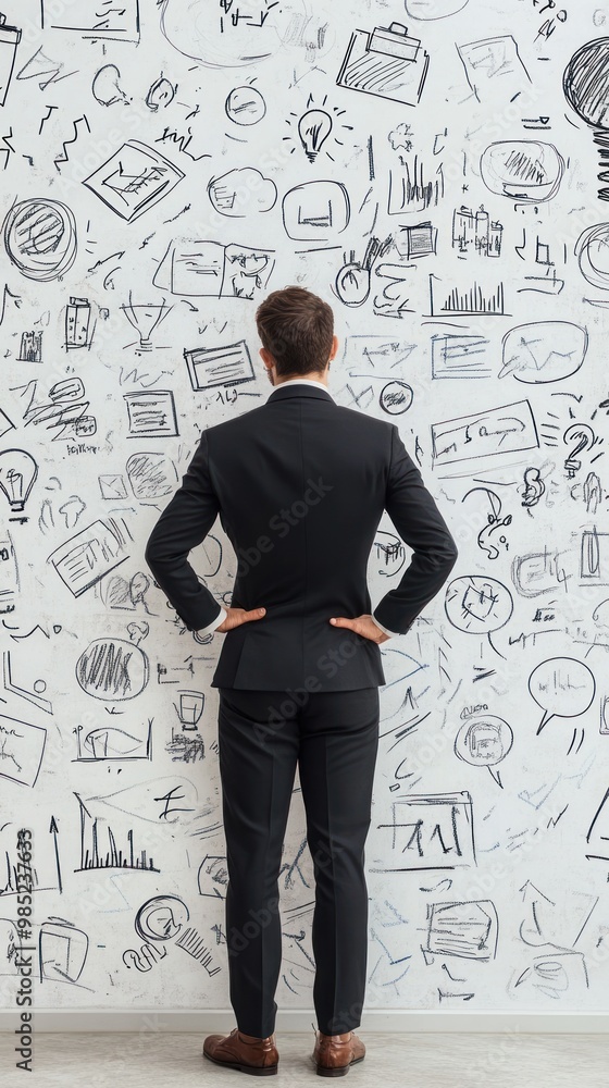 A businessman analyzing a wall filled with sketches and diagrams, reflecting strategic thinking. A businessman analyzing a wall filled with sketches and diagrams, reflecting strategic thinking.