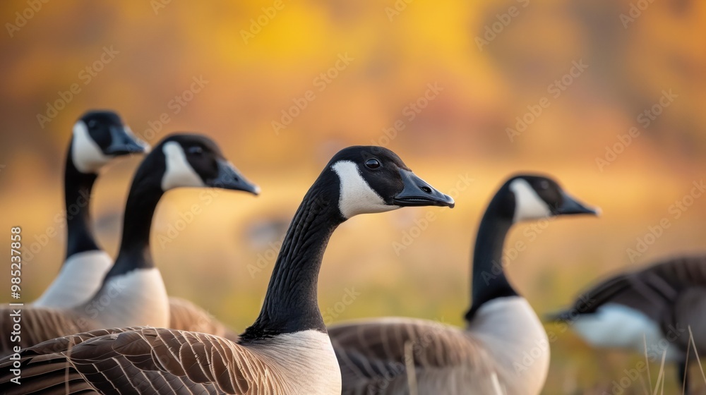 Obraz premium Close-up of Canadian geese in a green field. Brown feathers, beaks, and necks of the geese are in focus. Blurred grass and background emphasize the birds.