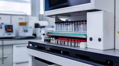 Blood analysis machine in a laboratory with samples being processed