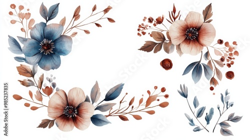 Watercolor floral elements with blue and beige flowers. photo