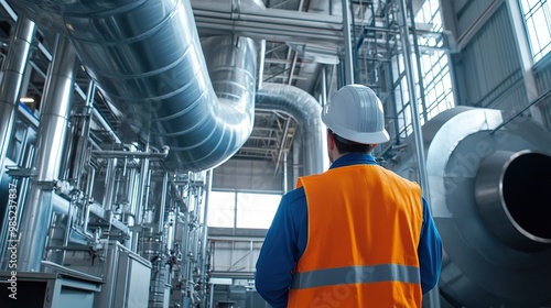 A worker in safety gear observes large industrial piping in a modern facility, highlighting the importance of safety and efficiency in manufacturing.