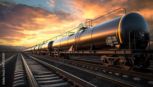 A Train of Tanker Cars at Sunset