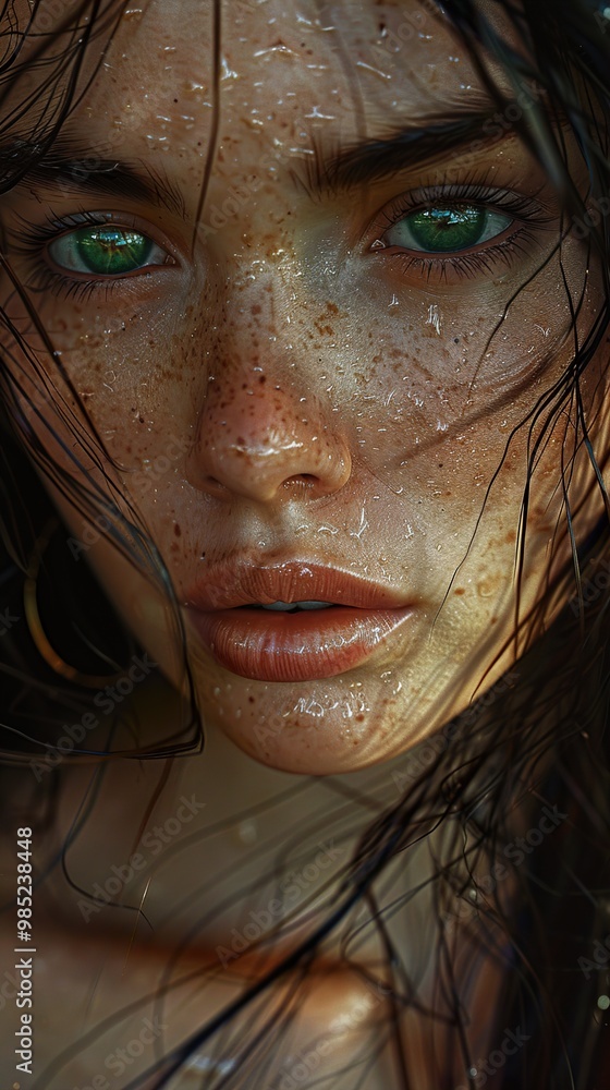 Close-Up Portrait of a Woman with Green Eyes and Wet Skin Close-Up Portrait of a Woman with Green Eyes and Wet Skin