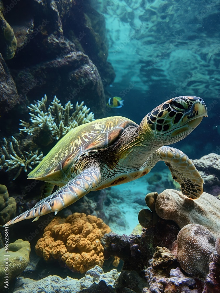 Obraz premium Green turtle swims underwater near coral reef. Rocky seafloor, vibrant aquatic life surround. Turquoise ocean water, marine fauna, tropical fish, coral, sea creatures.