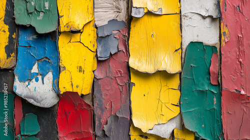 close-up of old paint with a peeling texture, the focus is on the layers and colors, capturing the history and character, perfect for art or restoration publications photo