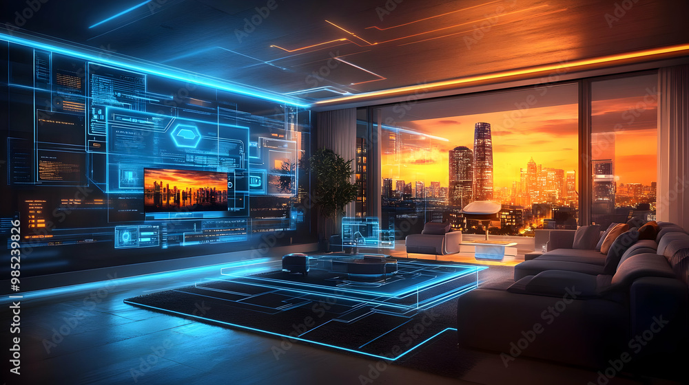 Futuristic Smart Home Interior with City View 3D Illustration Futuristic Smart Home Interior with City View 3D Illustration