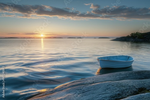 Stockholm archipelago at sunset in Sweden. Baltic sea water meets the sky in a beautiful, scenic view. Islands, boats, and nature come together in this peaceful scene.