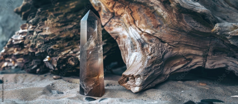 Raw Smokey Quartz Crystal Point On Old Driftwood Background Raw Smokey Quartz Crystal Point On Old Driftwood Background