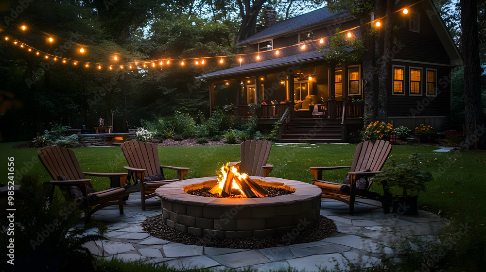 Obraz premium Cozy Backyard Fire Pit with Chairs and String Lights - Realistic Image