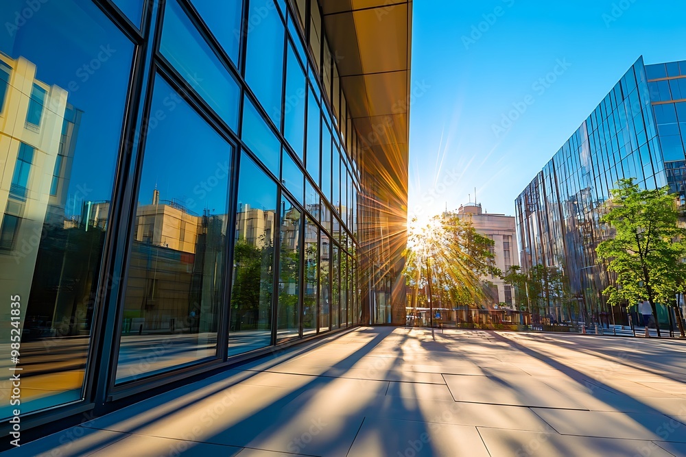 Fototapeta premium Modern glass office building with sun shining through windows, urban cityscape background
