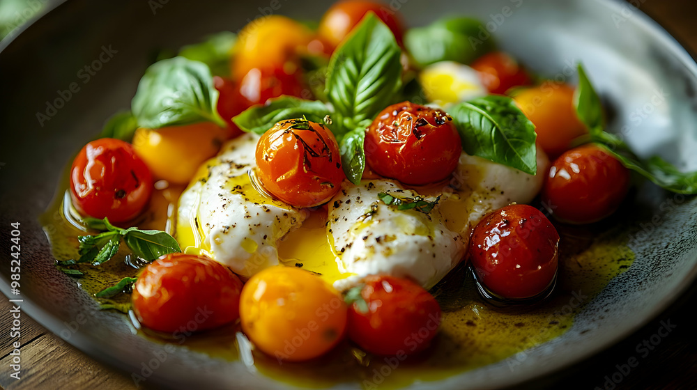 Burrata with Roasted Cherry Tomatoes and Basil - Food Photography Burrata with Roasted Cherry Tomatoes and Basil - Food Photography