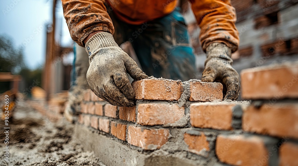 Construction Worker Placing Brick on Mortar for a Wall Construction Worker Placing Brick on Mortar for a Wall