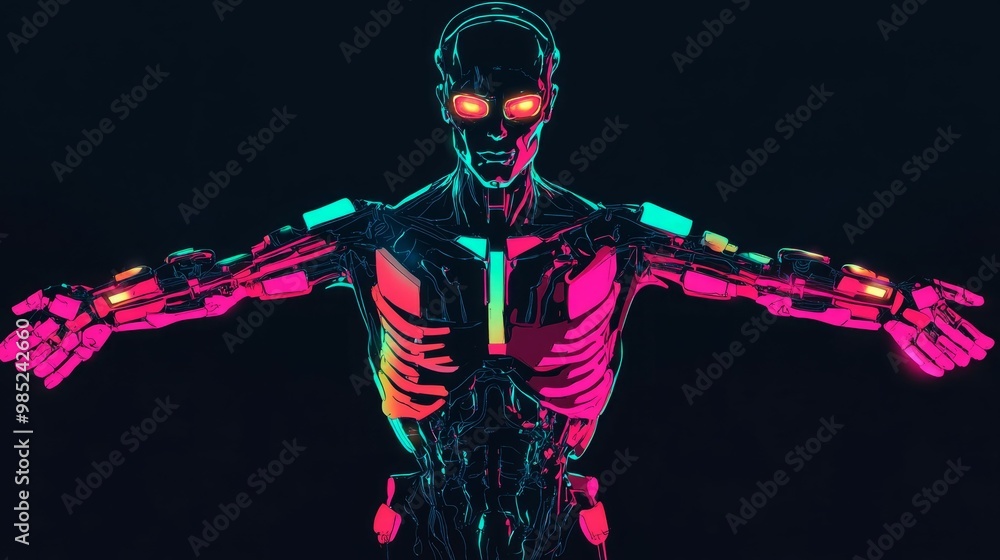 A glowing cyborg with neon lights in a dark background. A glowing cyborg with neon lights in a dark background.