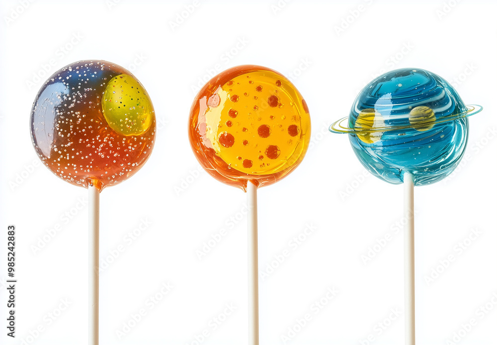 Product photography featuring different planets and lollipops on a white background.Minimal creative food concept.Copy space,flat lay Product photography featuring different planets and lollipops on a white background.Minimal creative food concept.Copy space,flat lay