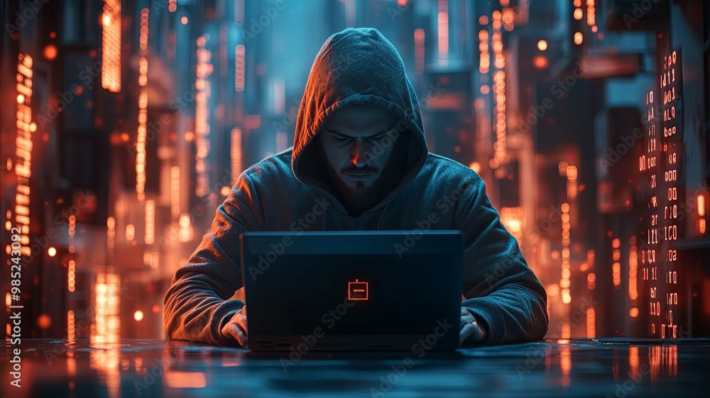 Hooded Figure Working on Laptop in a Cityscape of Lights Hooded Figure Working on Laptop in a Cityscape of Lights