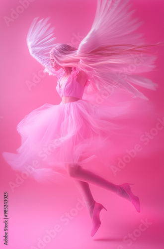 A pink angel with long, flowing hair, wearing a pink gown and shoes, spins in the air with a dynamic, blurry movement.