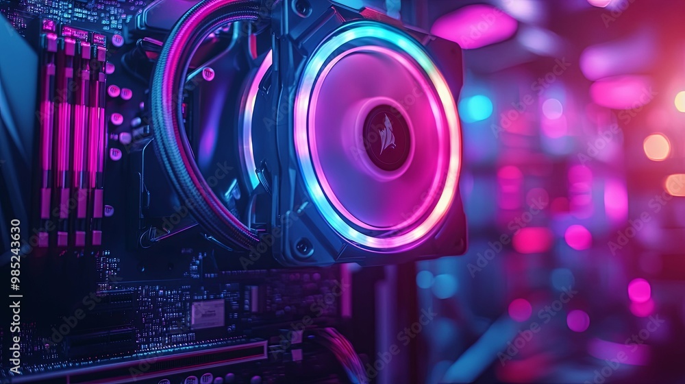 Close-up of a computer CPU cooler with RGB lighting Close-up of a computer CPU cooler with RGB lighting
