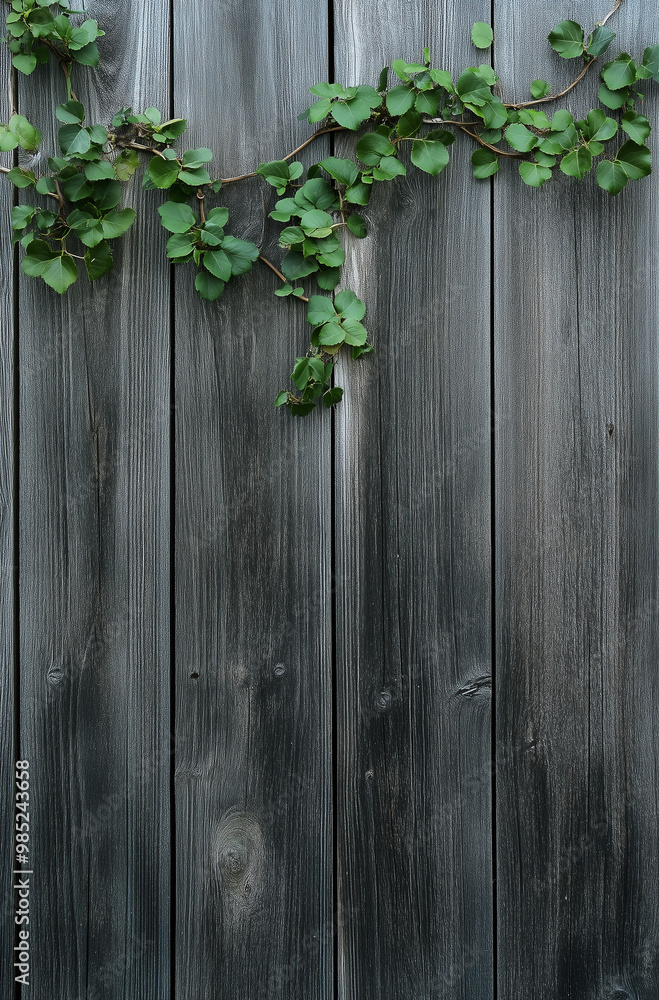 A vertical wooden fence with a single leafy vine growing along it.Copy space,flat lay.Minimal creative advertise concept. A vertical wooden fence with a single leafy vine growing along it.Copy space,flat lay.Minimal creative advertise concept.