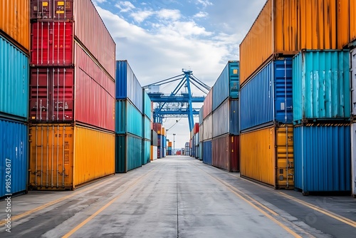 Wallpaper Mural Shipping containers stacked at port with a crane lifting a cargo container Torontodigital.ca