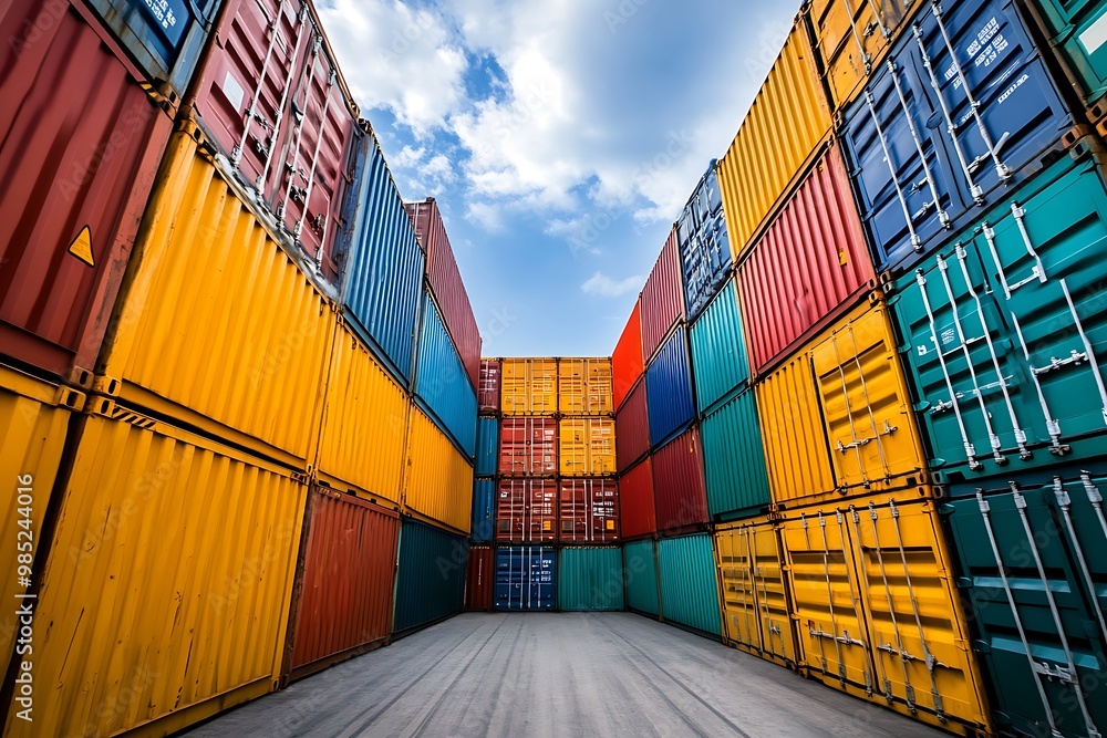 Fototapeta premium Colorful Cargo Containers stacked high at shipping port