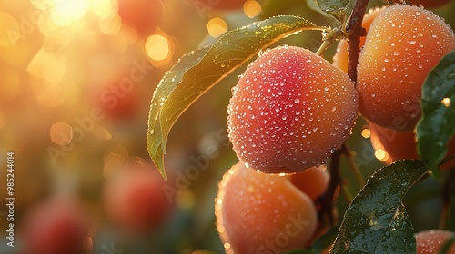 Close-up of fresh apricots glistening with dew in warm sunlight, capturing the essence of summer and nature's bounty. photo