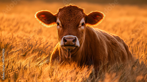 Cow in Wheat Field at Sunse...
