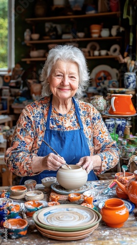 Wallpaper Mural An elderly woman enjoys pottery craft, painting a ceramic piece in a vibrant workshop filled with handmade creations. Torontodigital.ca