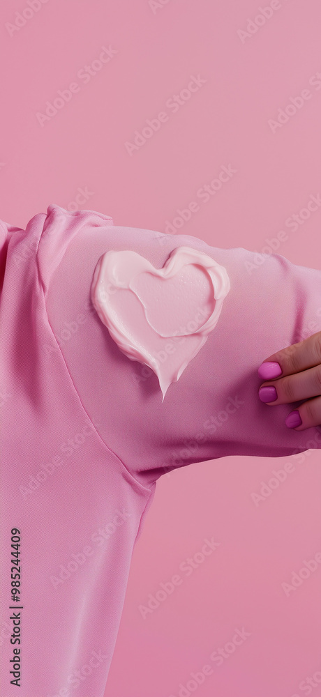 Fototapeta premium A hand applying cream on the upper arm, pink shirt sleeve, against a pink background.Minimal creative emotional and fashion concept.